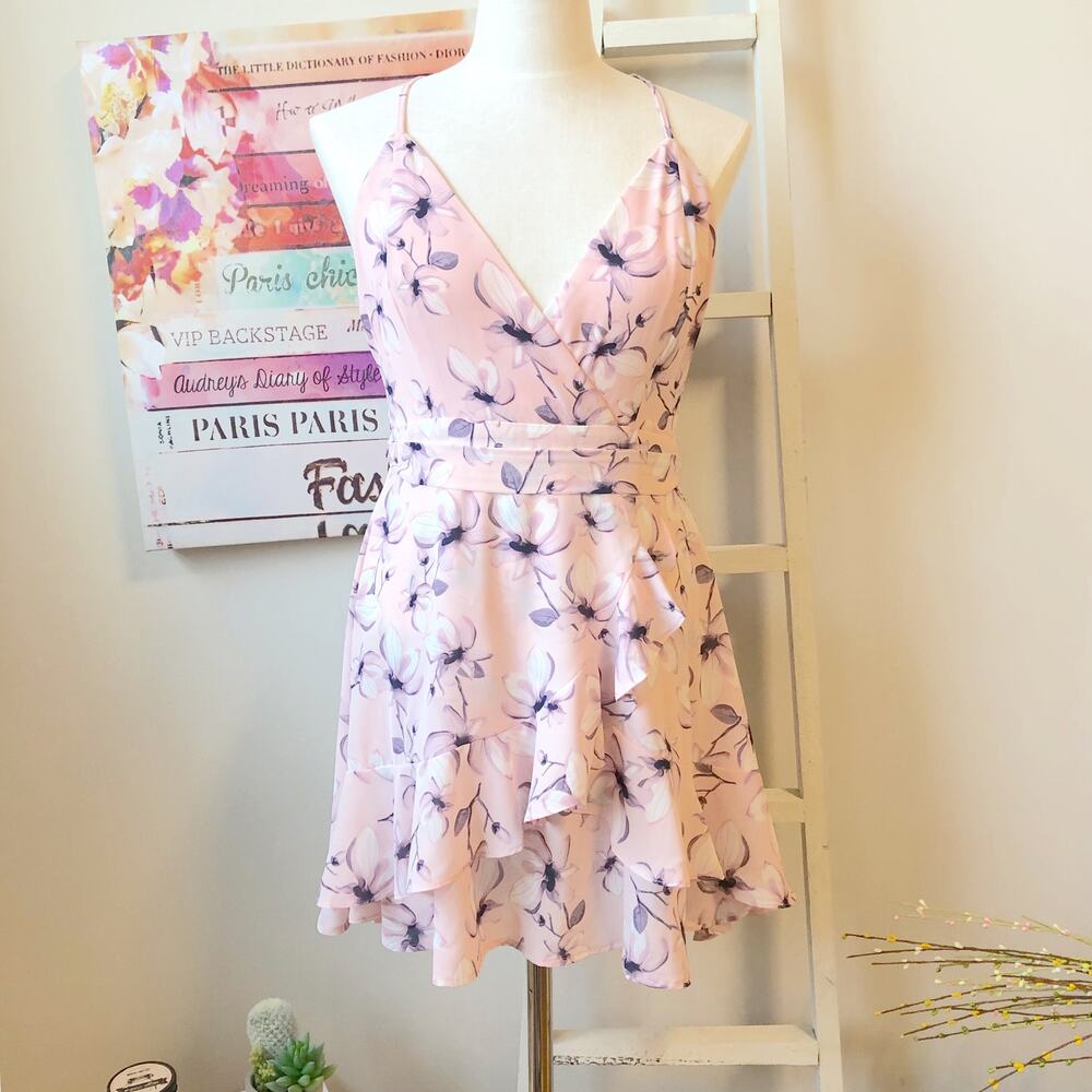 Pink Floral Wrap Mini Dress Spaghetti Strap Flowy Skater Dress Women's Large - Picture 3 of 5